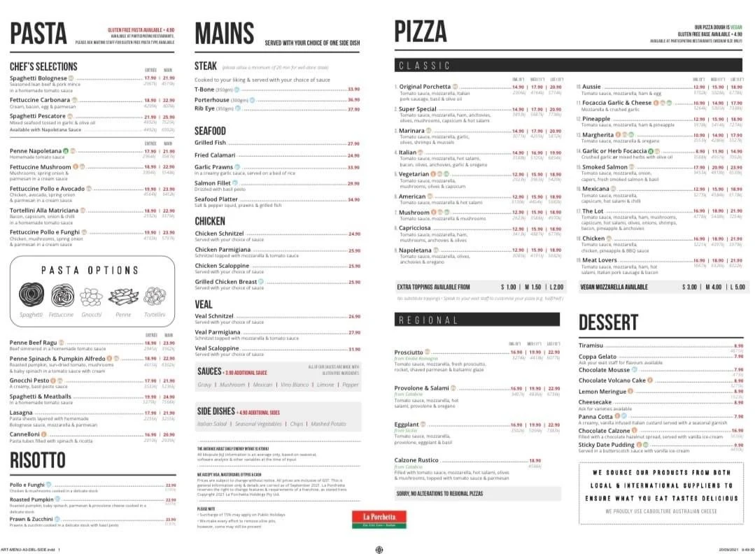 Menu, La Porchetta | Best Italian Restaurant in Shepparton