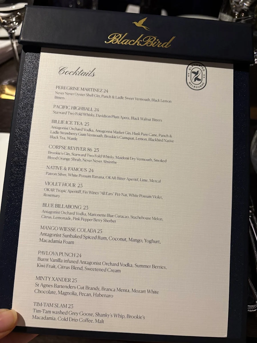 Menu, Blackbird Melbourne