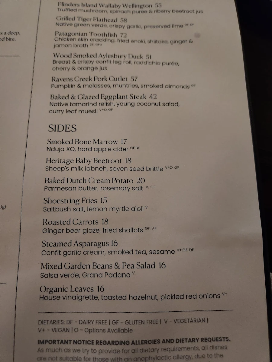 Menu, Blackbird Melbourne