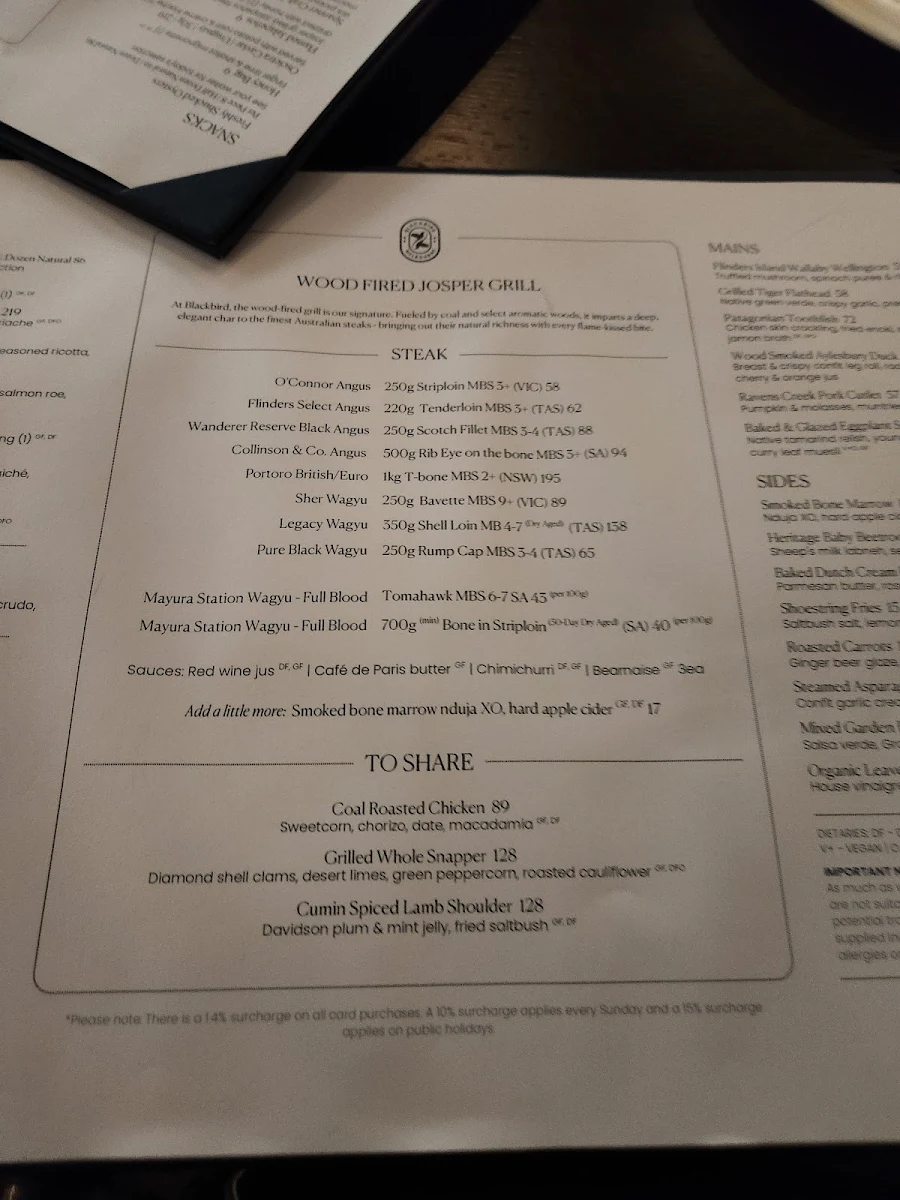 Menu, Blackbird Melbourne