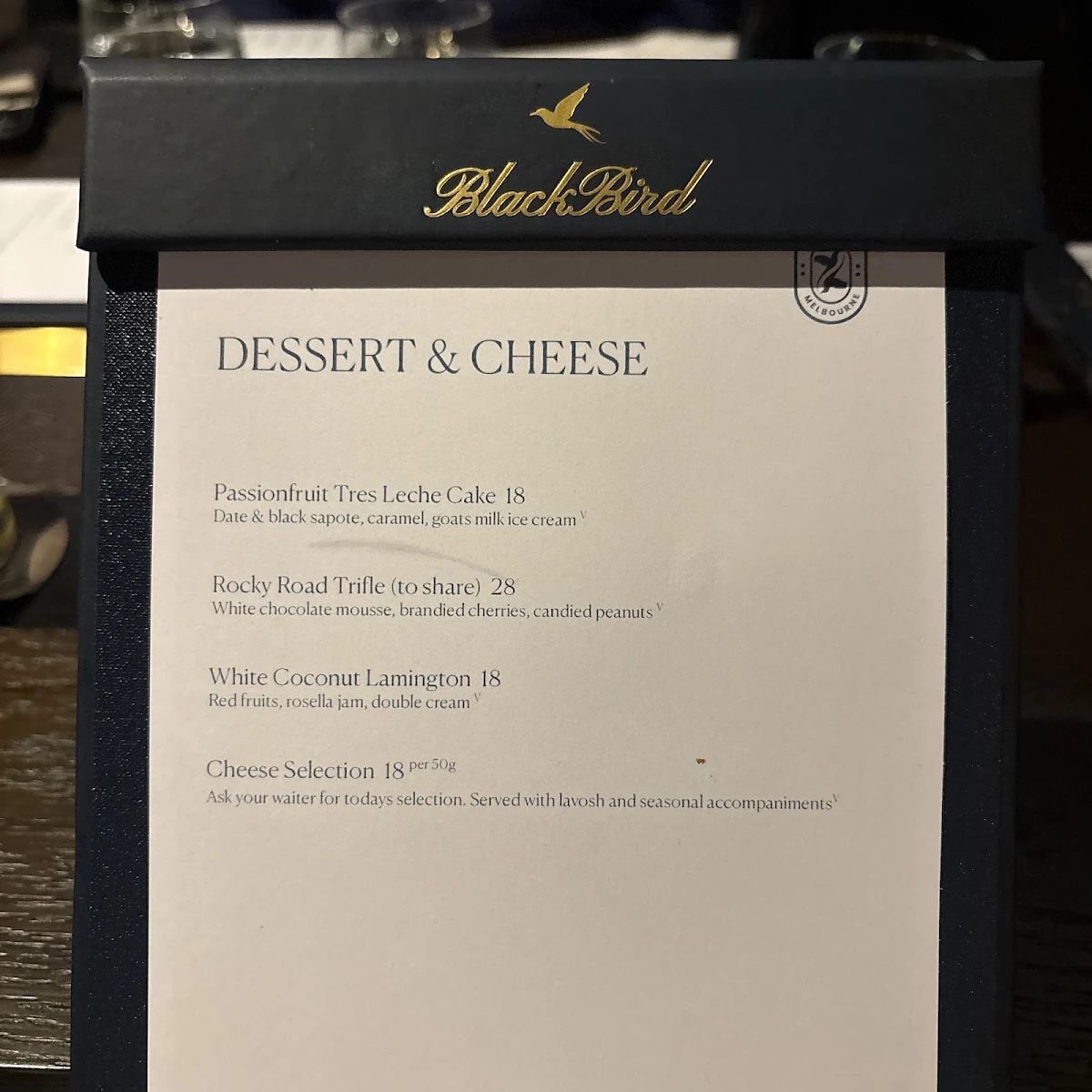 Menu, Blackbird Melbourne
