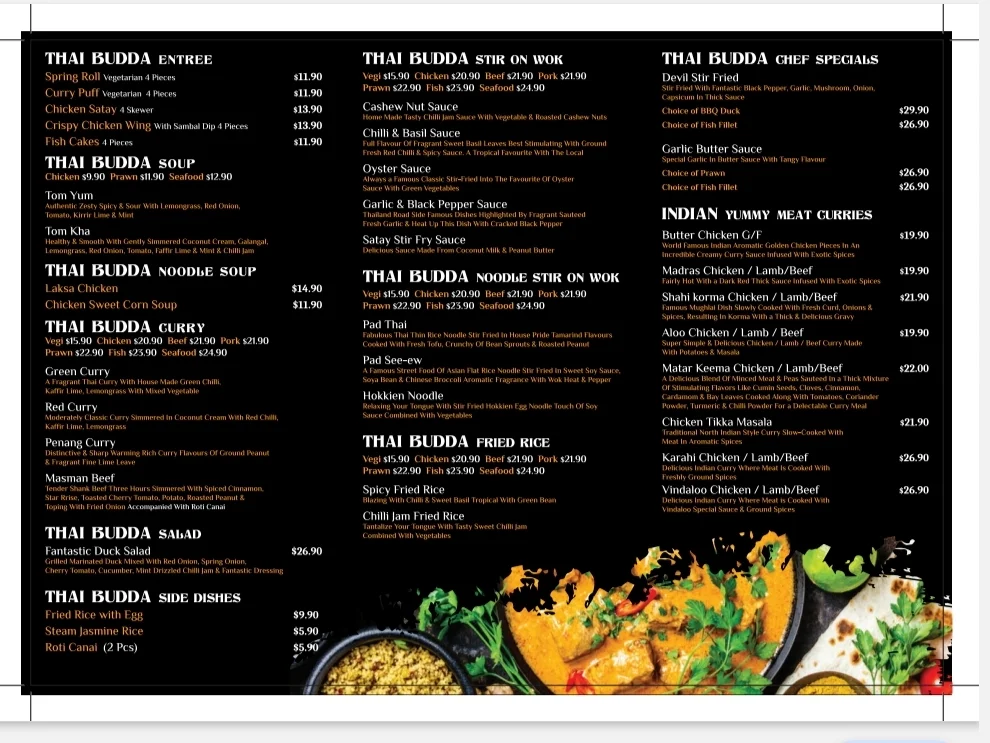 Menu, Thai Budda Restaurant