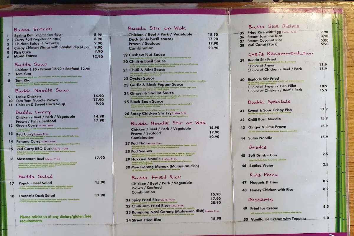 Menu, Thai Budda Restaurant