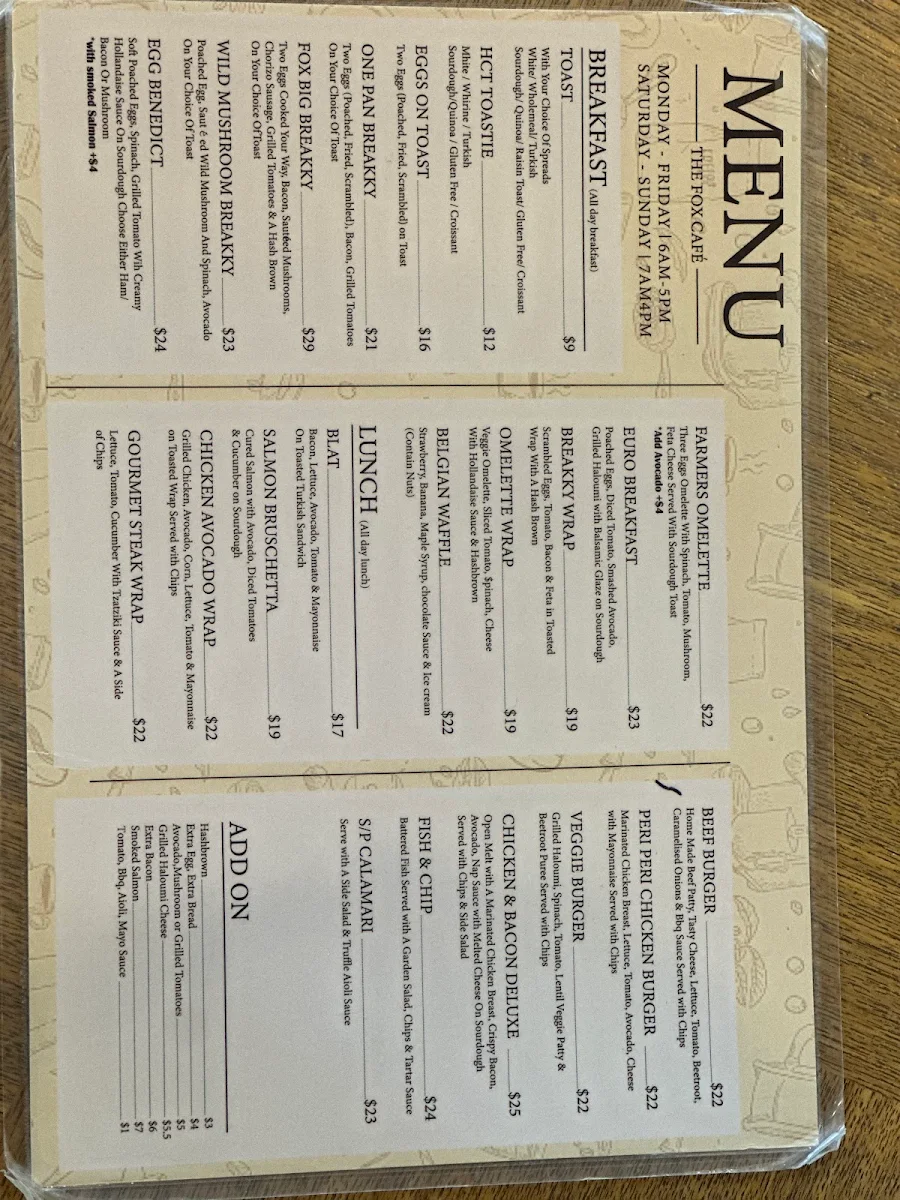 Menu, The Fox Cafe