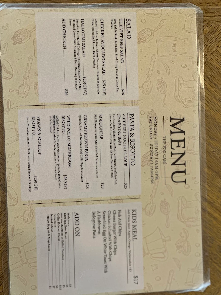 Menu, The Fox Cafe