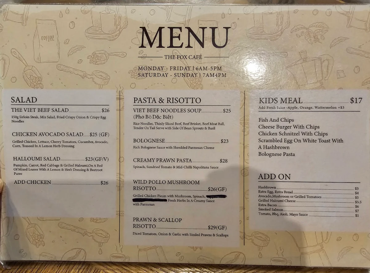 Menu, The Fox Cafe