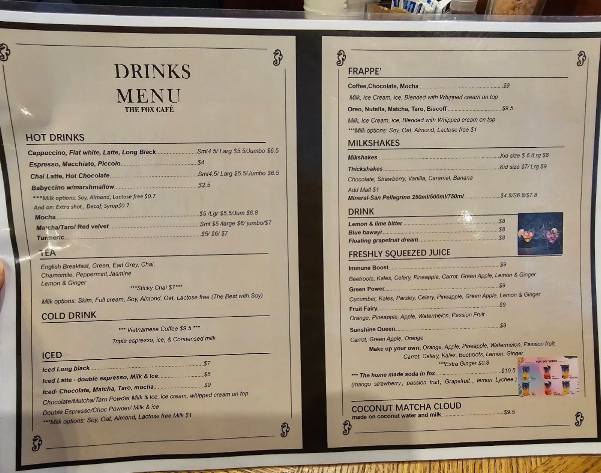 Menu, The Fox Cafe