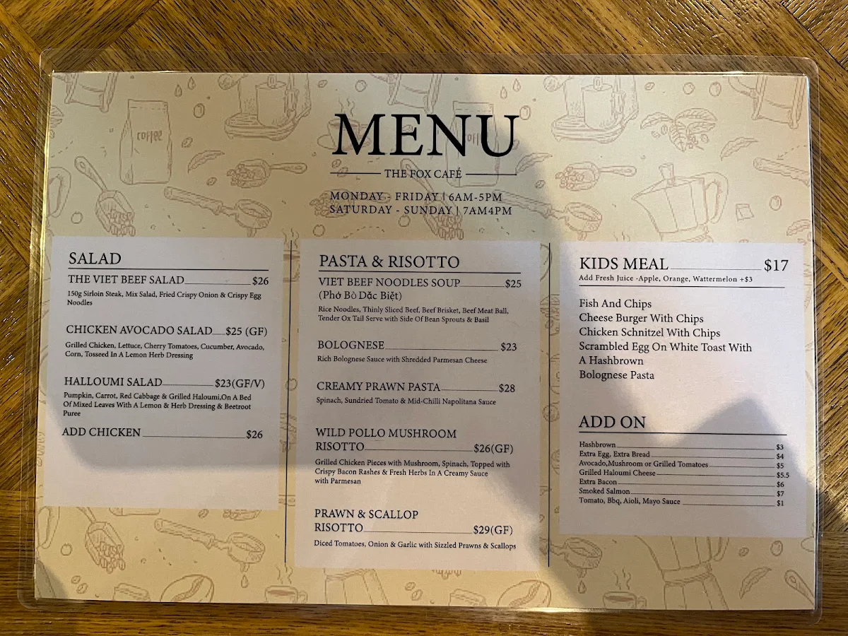 Menu, The Fox Cafe