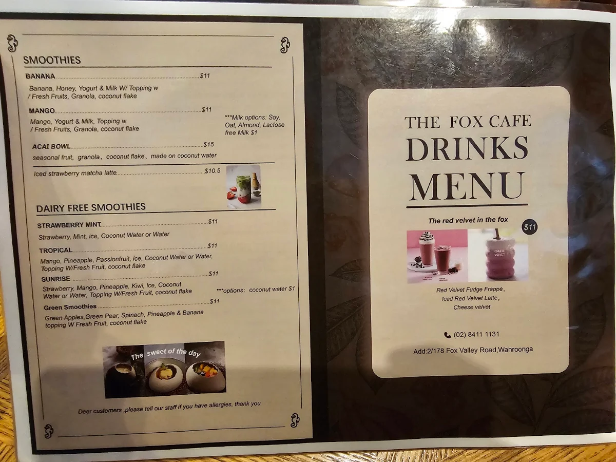 Menu, The Fox Cafe