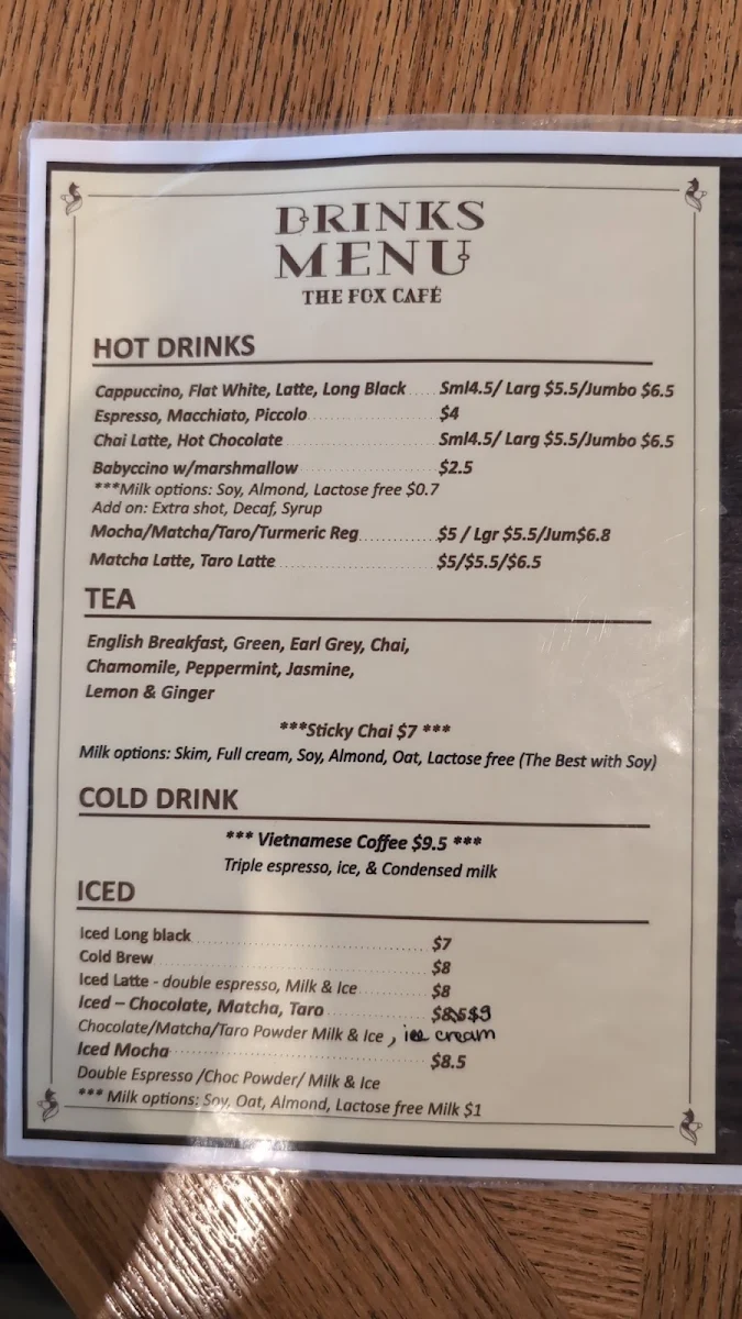 Menu, The Fox Cafe