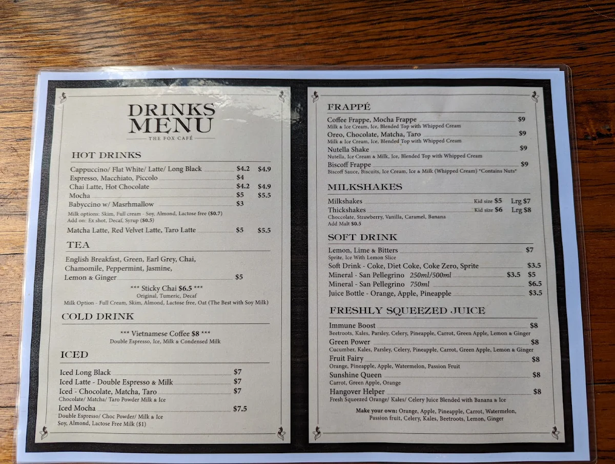 Menu, The Fox Cafe