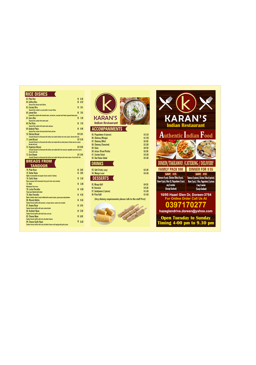 Menu, Karan's Indian Restaurant
