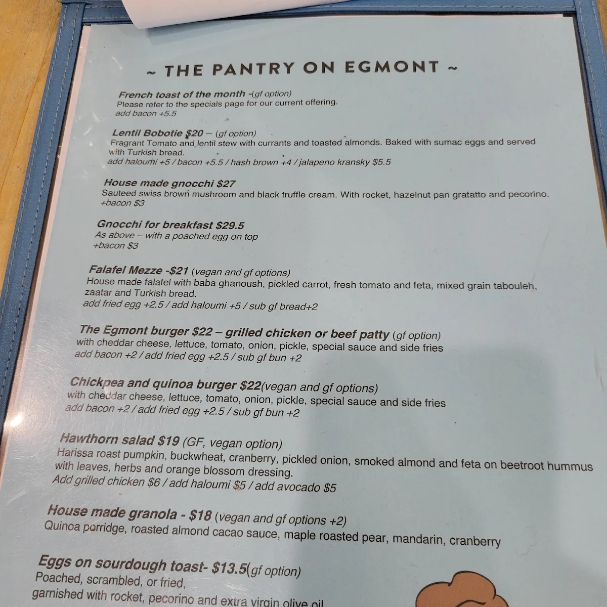 Menu, The Pantry On Egmont