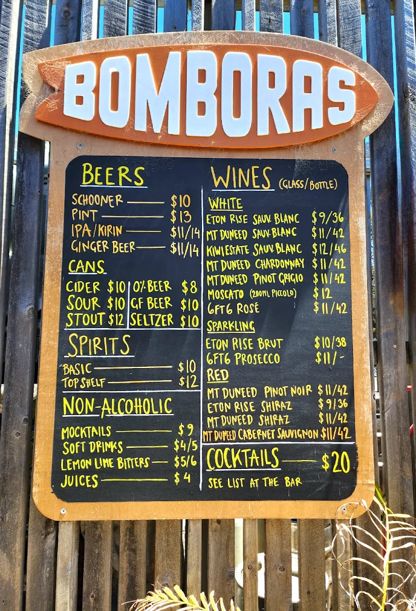 Menu, Bomboras Beach Bar