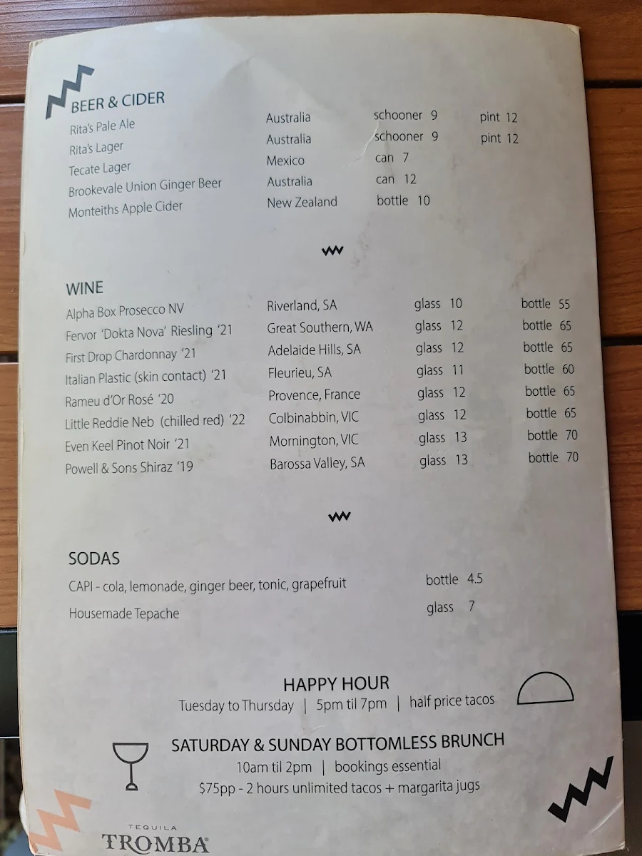 Menu, RITA'S