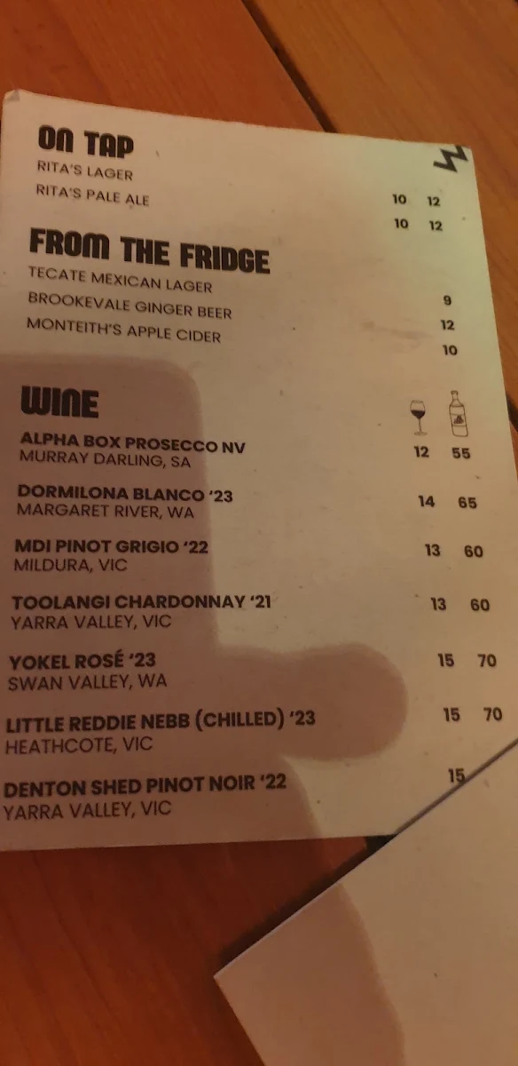Menu, RITA'S