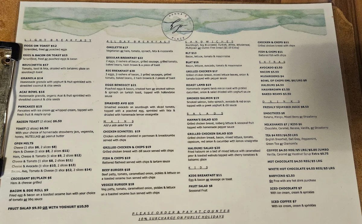 Menu, Hanna's Place