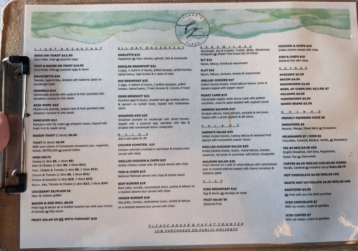 Menu, Hanna's Place