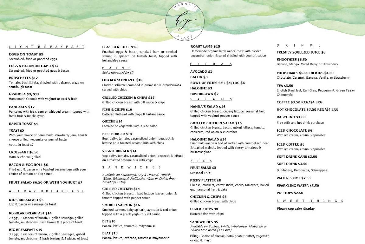 Menu, Hanna's Place