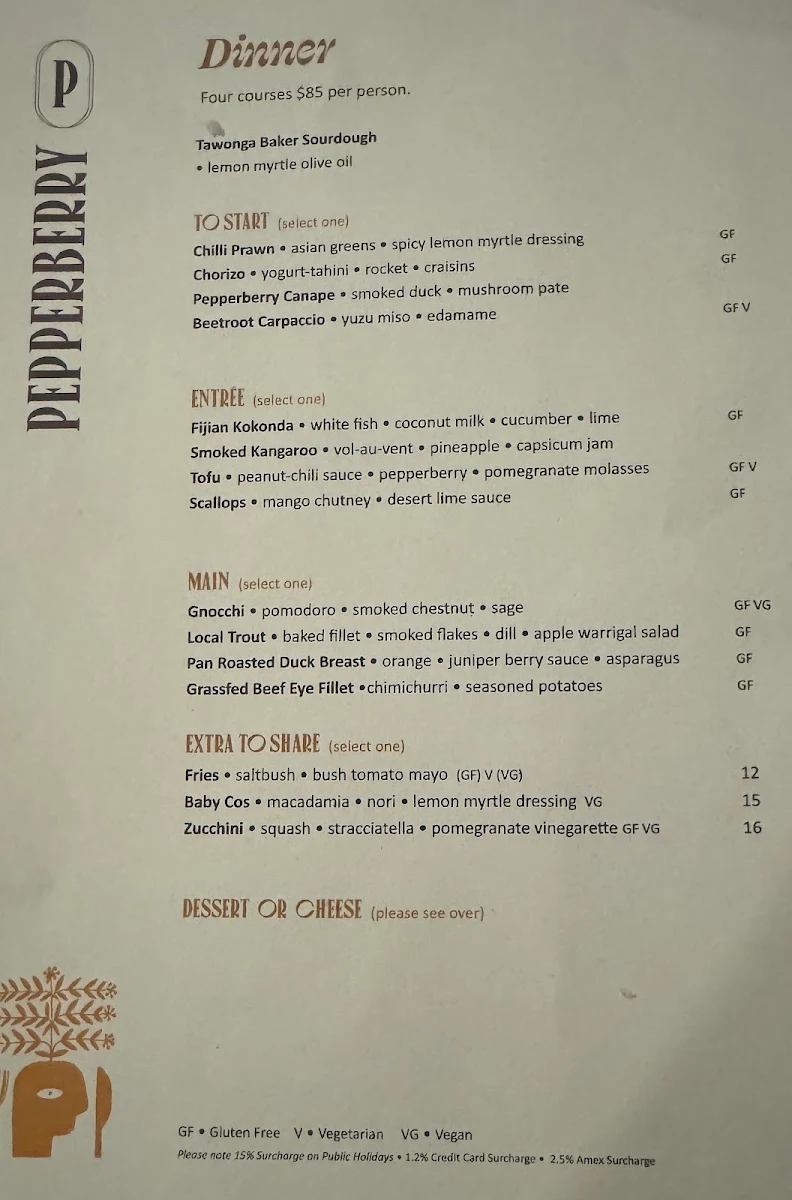 Menu, Pepperberry Restaurant at Hara House