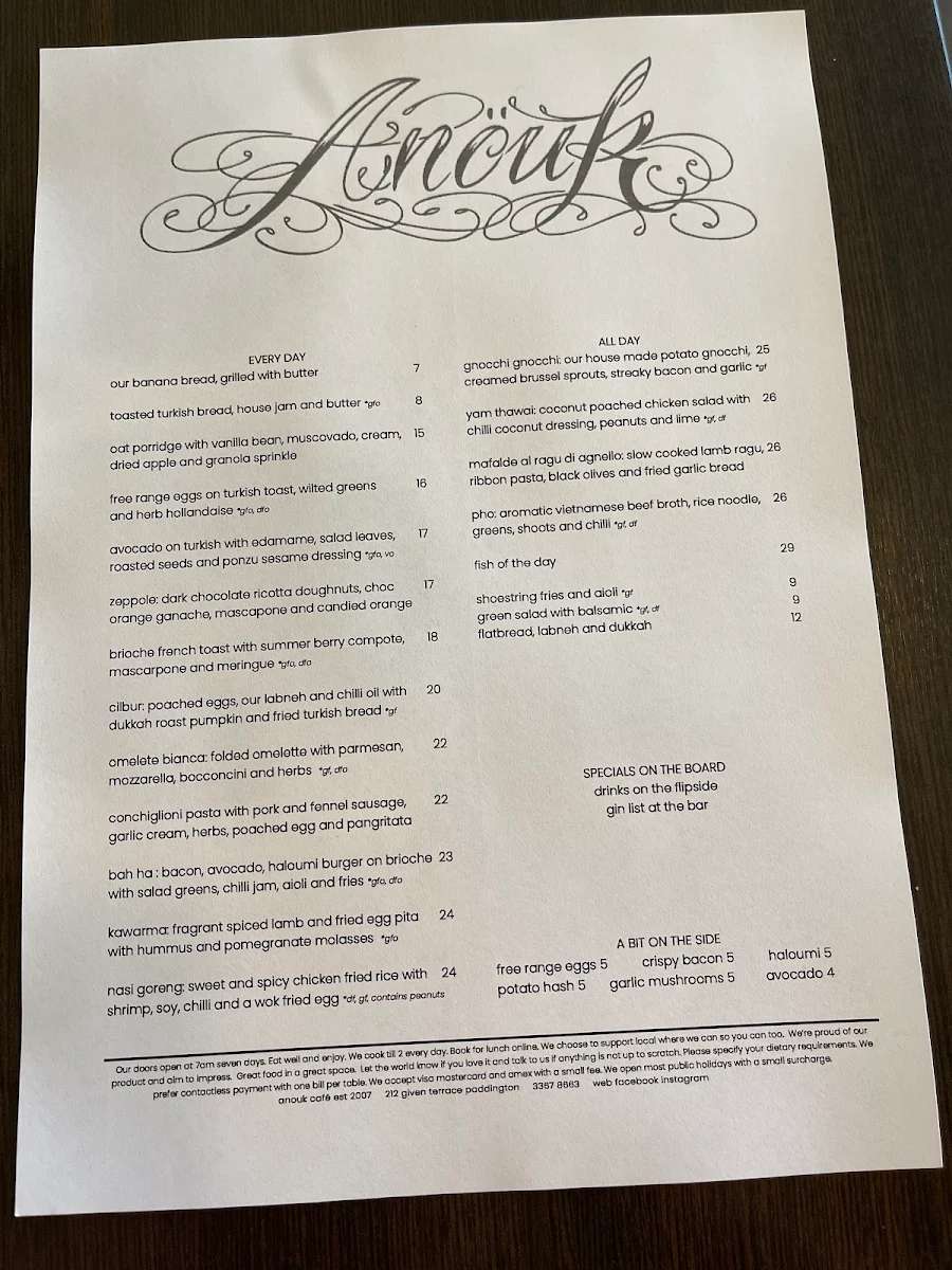 Menu, Anouk Café