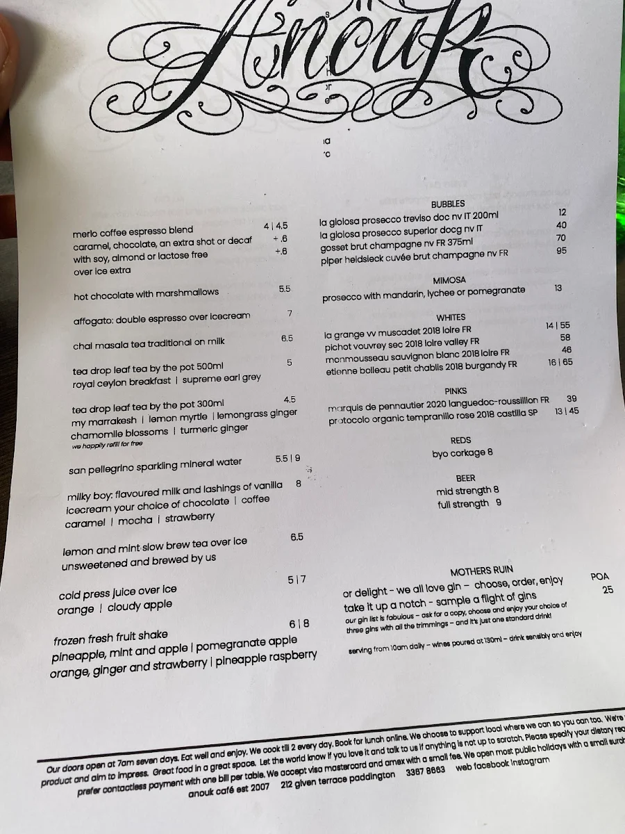 Menu, Anouk Café