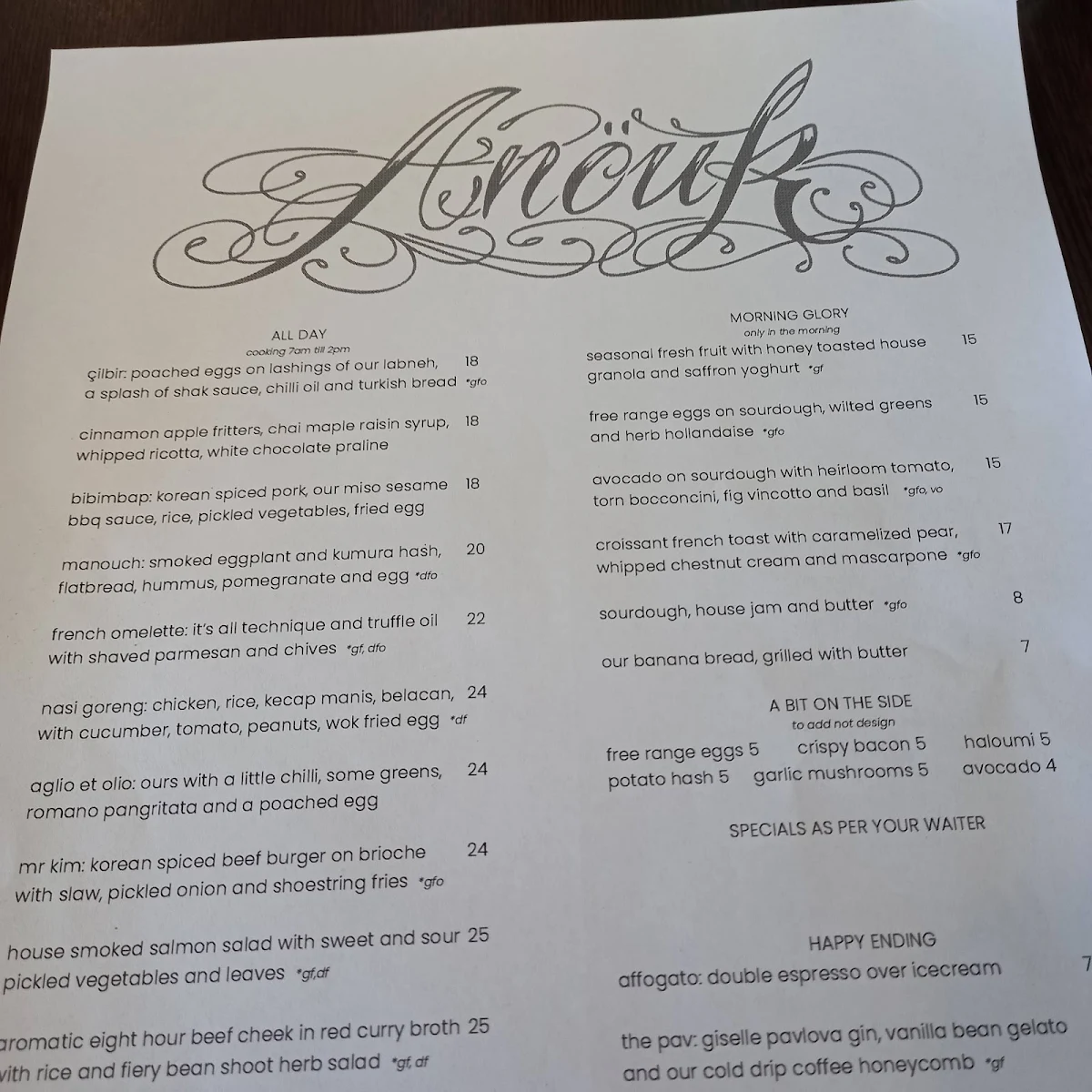 Menu, Anouk Café