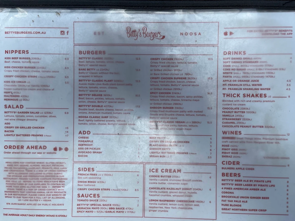Menu, Betty's Burgers