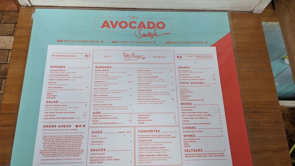 Menu, Betty's Burgers