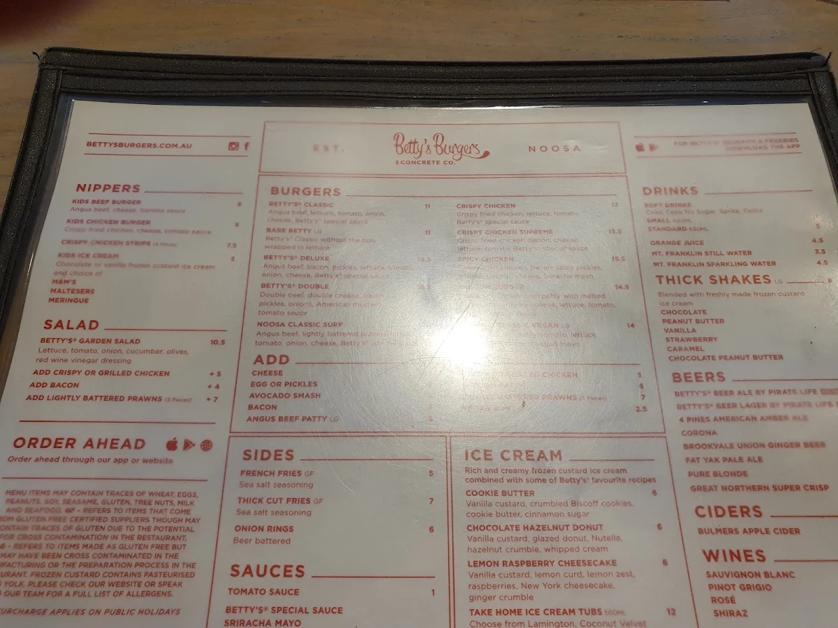 Menu, Betty's Burgers