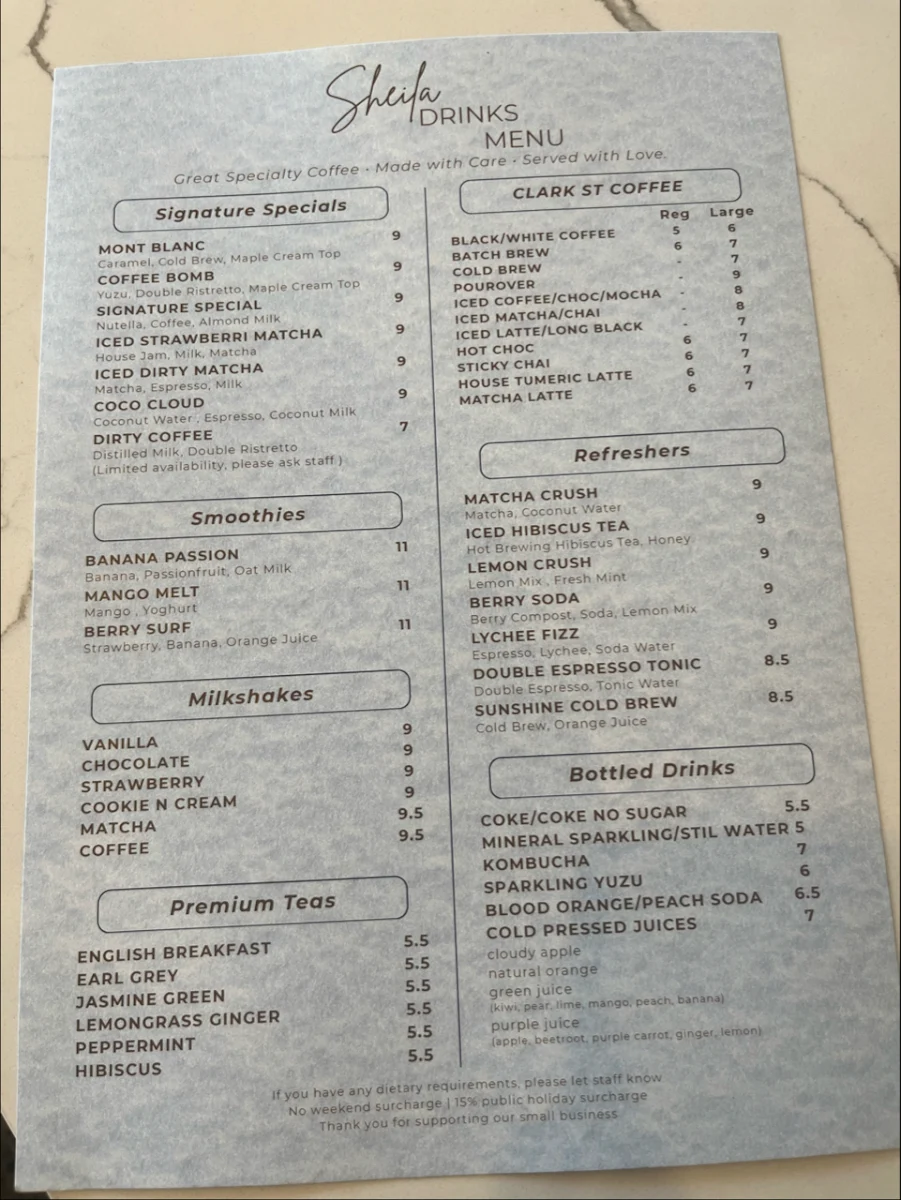 Menu, Sheila Coffee & Food cafe