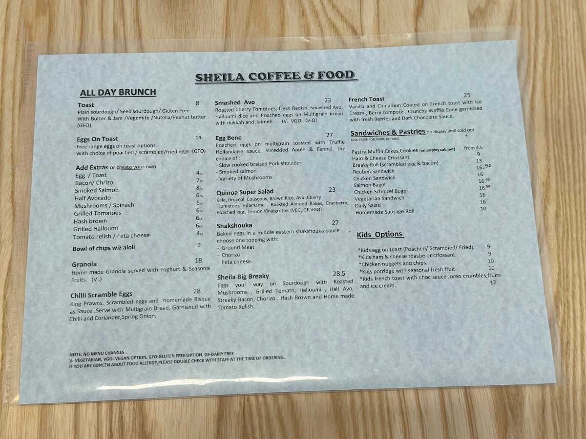 Menu, Sheila Coffee & Food cafe