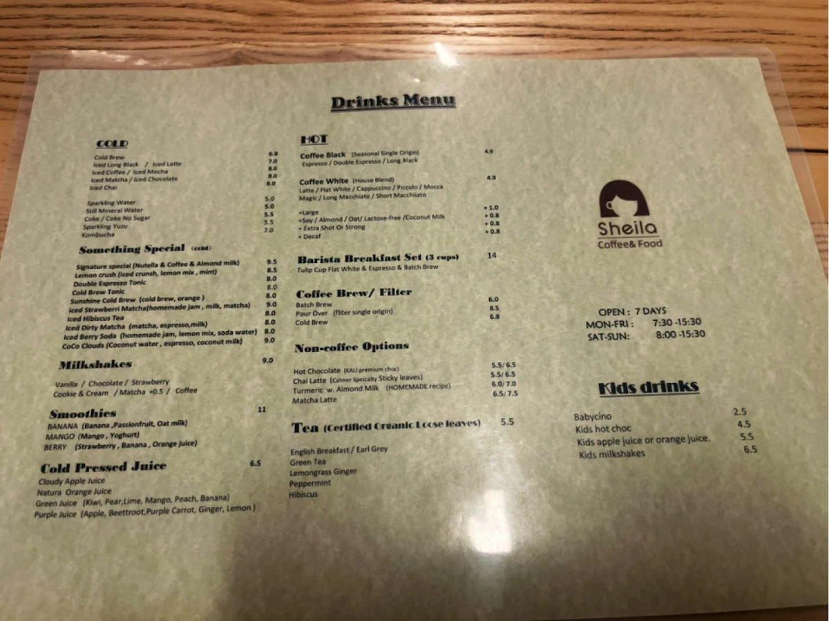Menu, Sheila Coffee & Food cafe