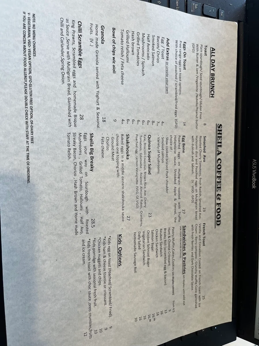 Menu, Sheila Coffee & Food cafe