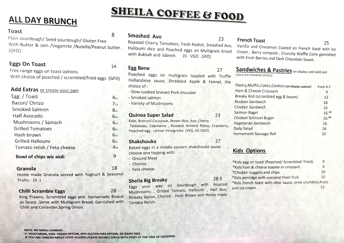 Menu, Sheila Coffee & Food cafe