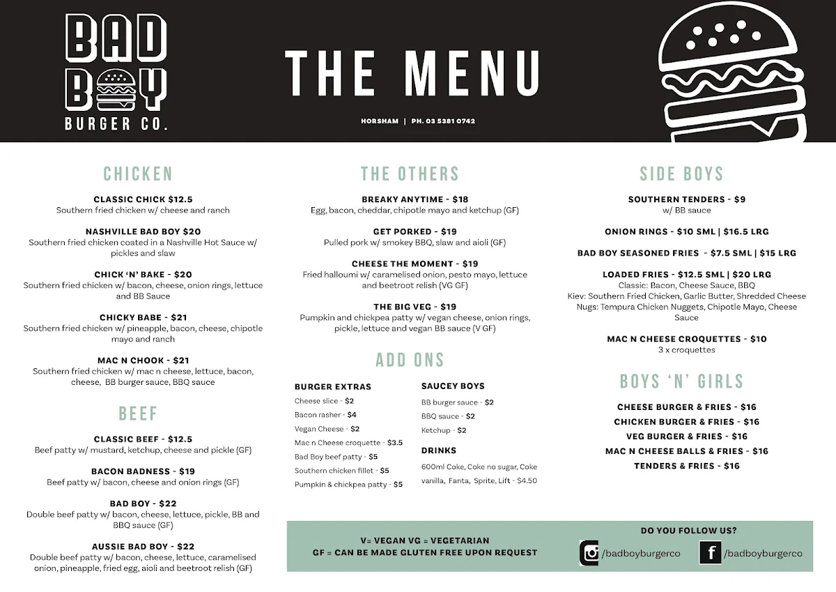 Menu, Bad Boy Burger Co