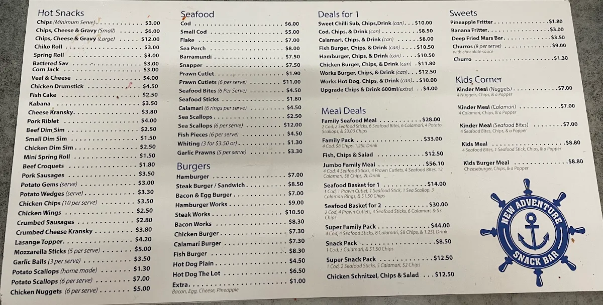 Menu, New Adventure Snack Bar