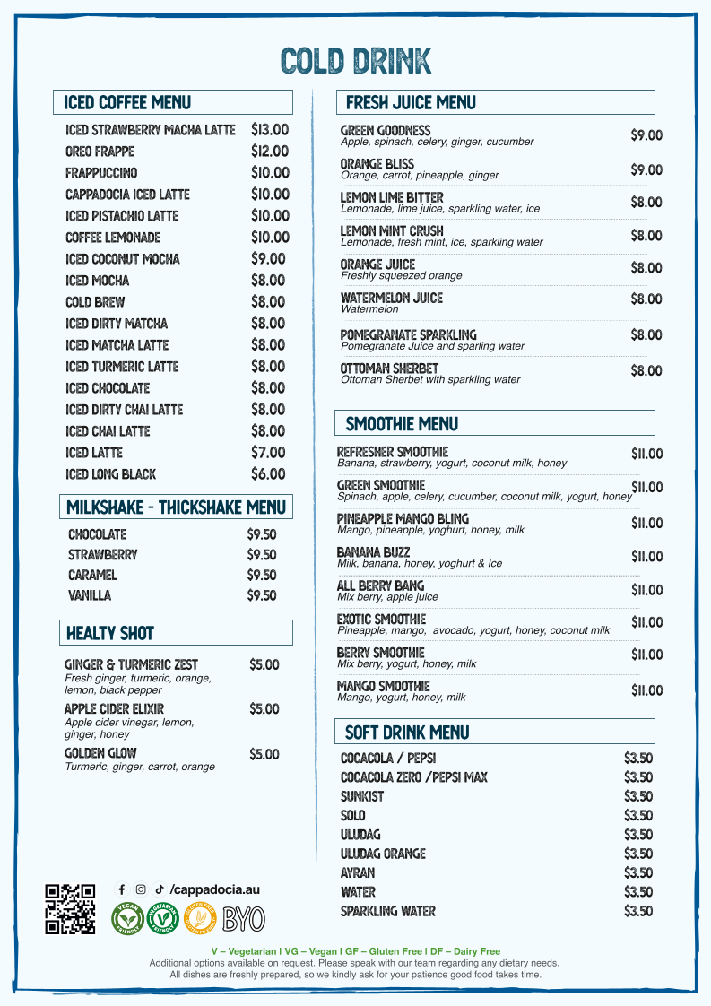 Menu, Cappadocia Cafe & Restaurant