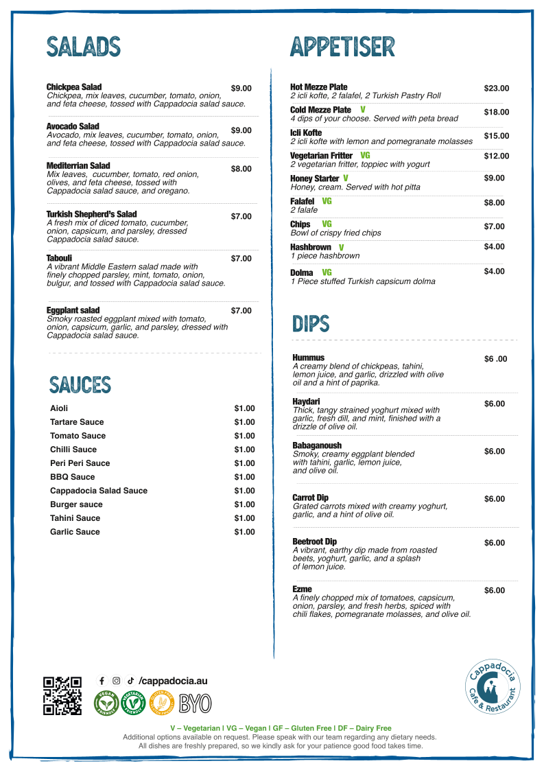 Menu, Cappadocia Cafe & Restaurant
