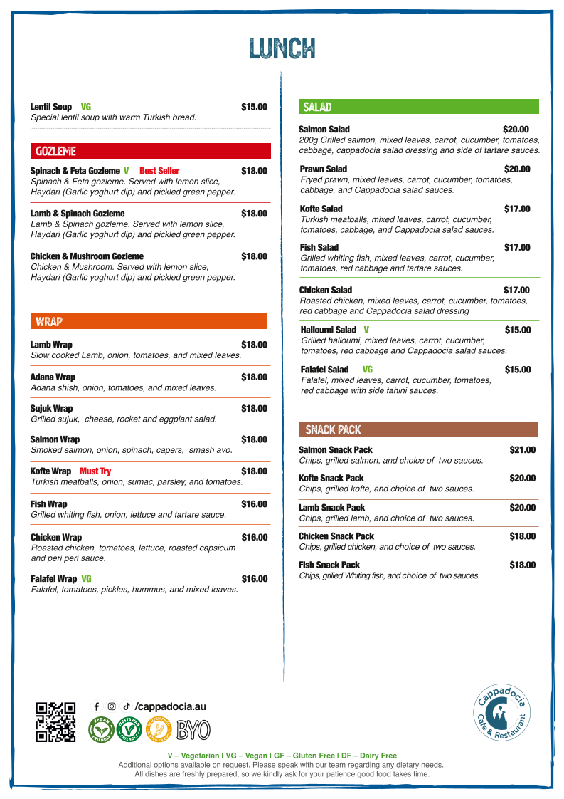 Menu, Cappadocia Cafe & Restaurant