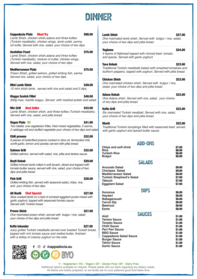 Menu, Cappadocia Cafe & Restaurant