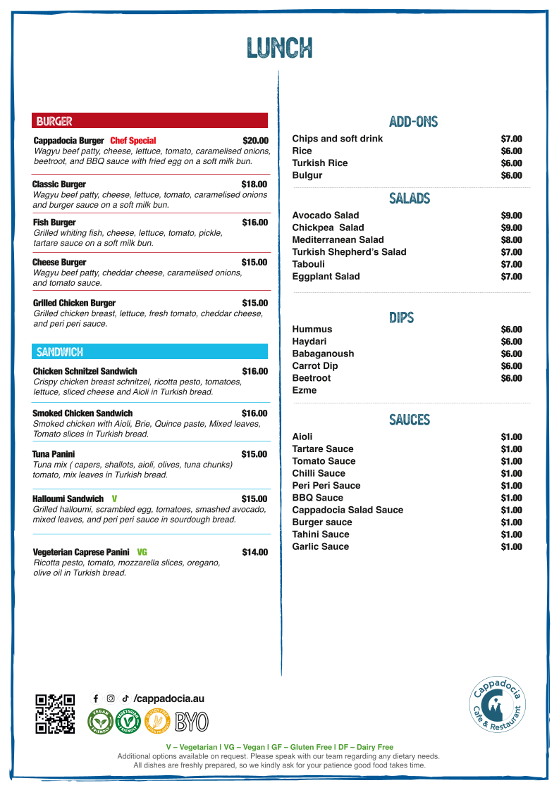 Menu, Cappadocia Cafe & Restaurant