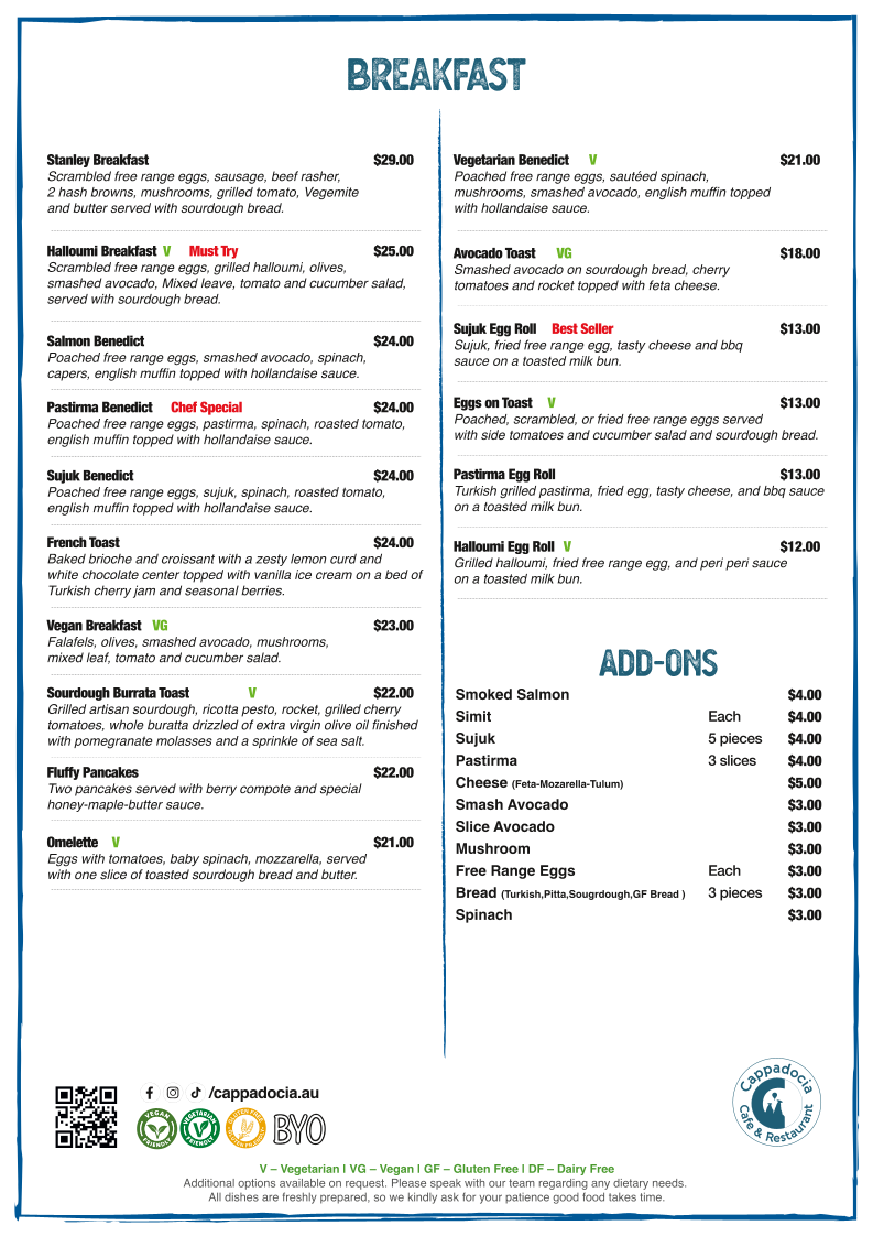 Menu, Cappadocia Cafe & Restaurant