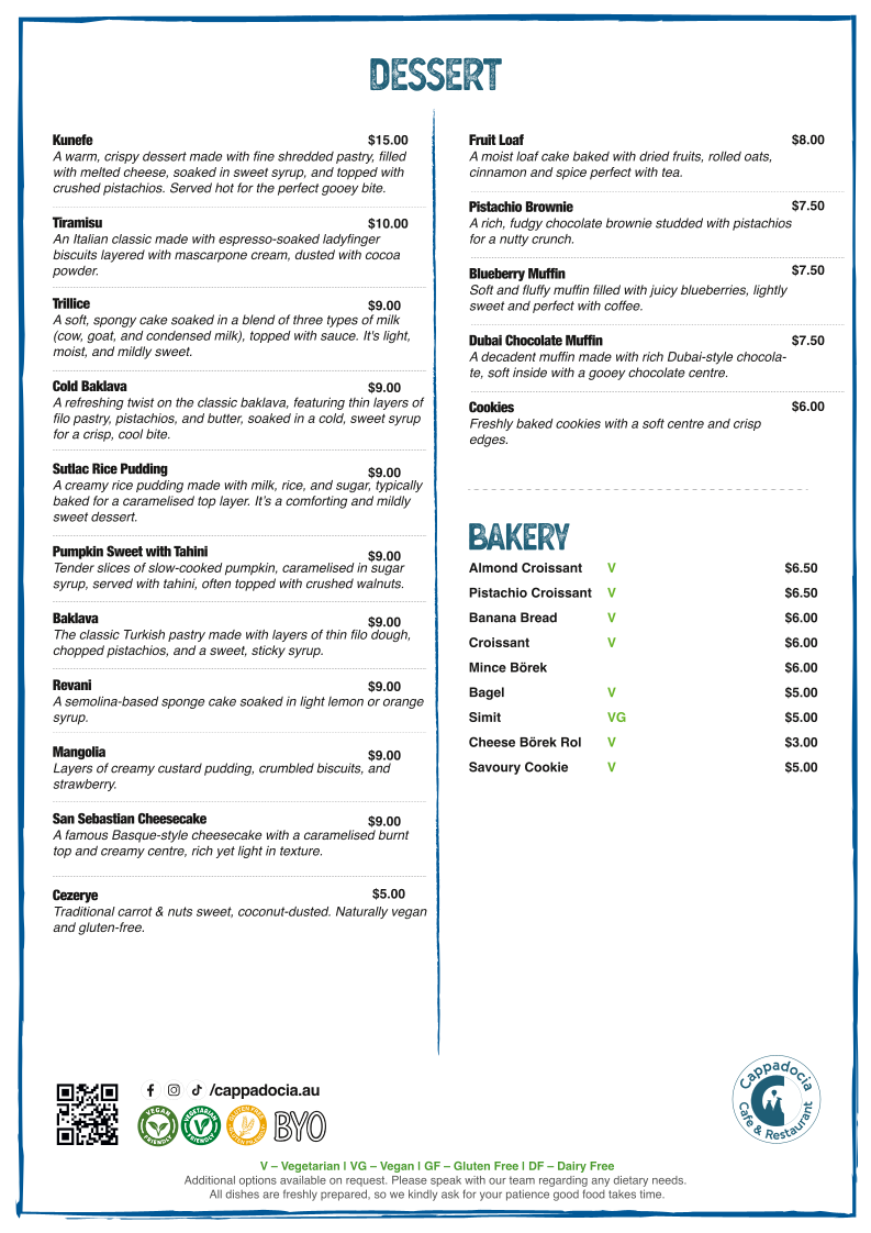 Menu, Cappadocia Cafe & Restaurant