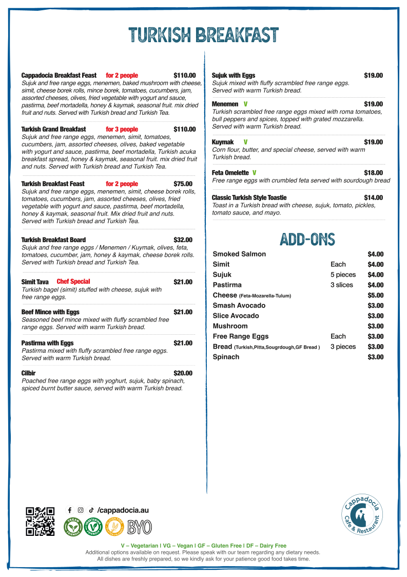 Menu, Cappadocia Cafe & Restaurant