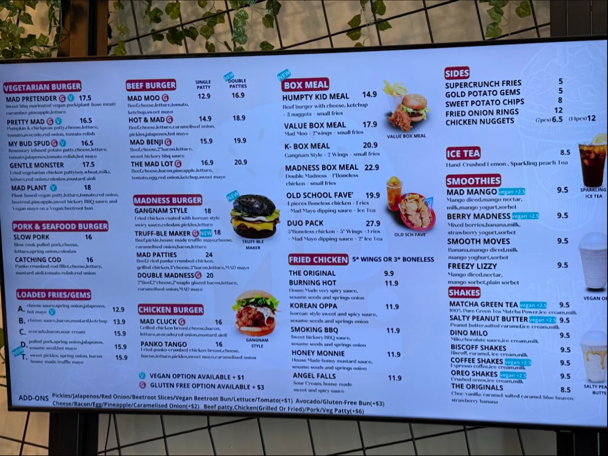 Menu, Mad Patties Mitcham