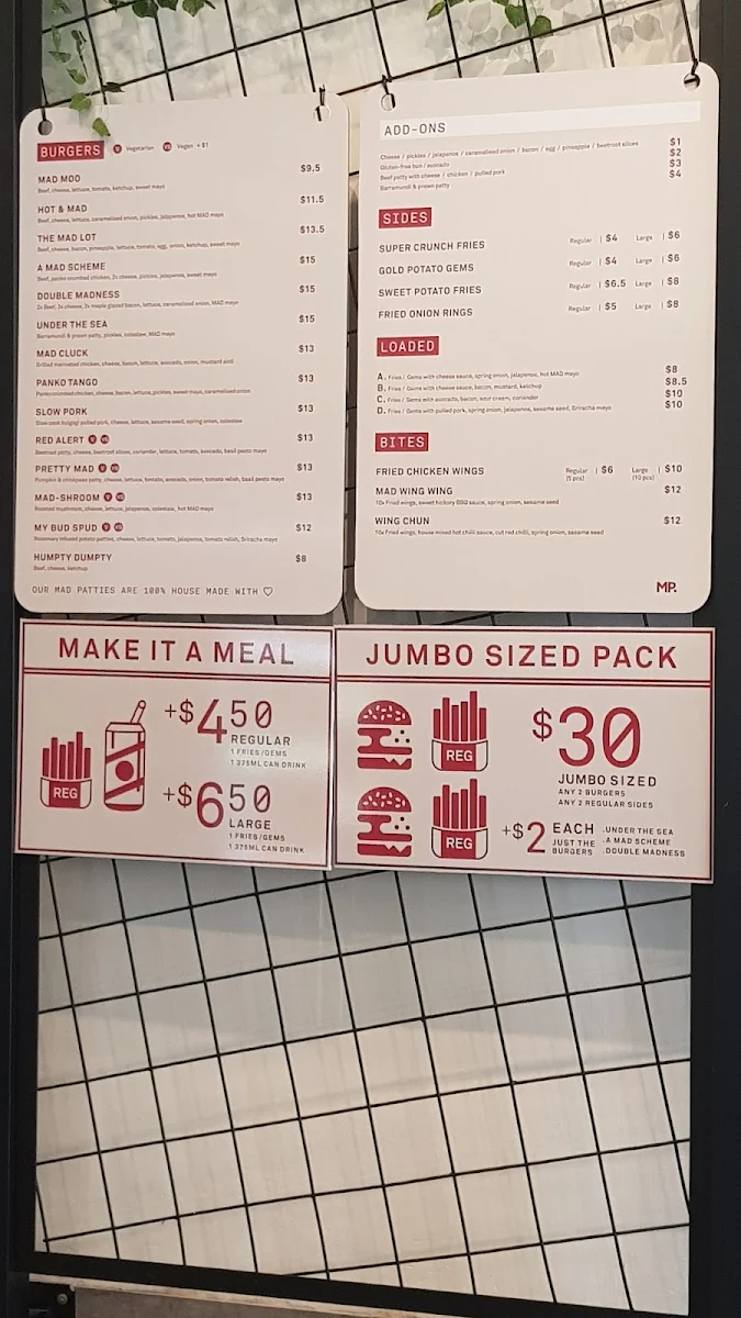 Menu, Mad Patties Mitcham