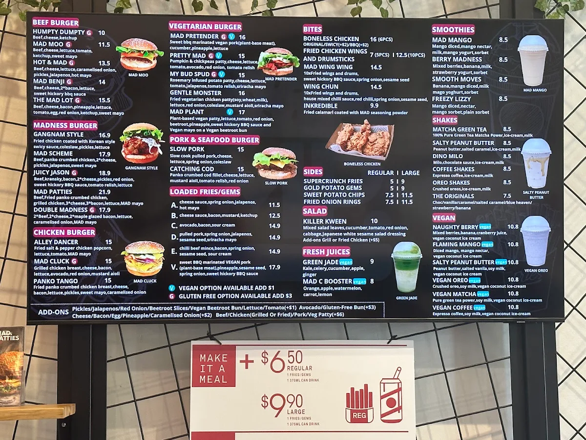Menu, Mad Patties Mitcham