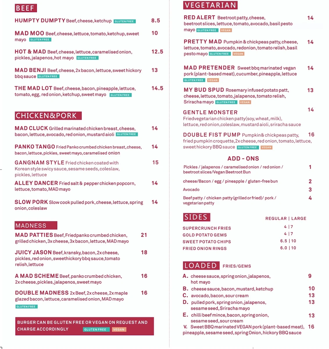 Menu, Mad Patties Mitcham