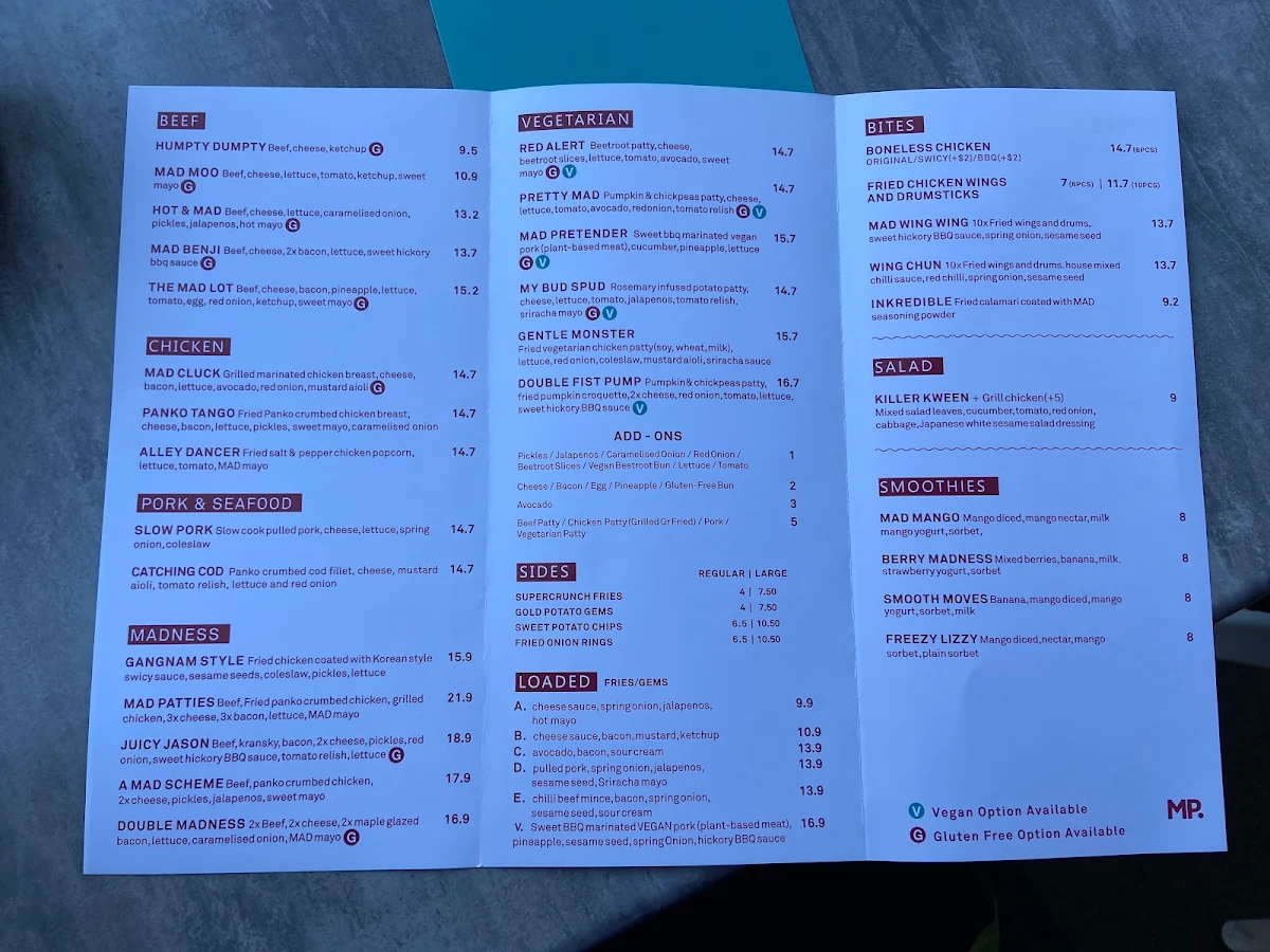 Menu, Mad Patties Mitcham
